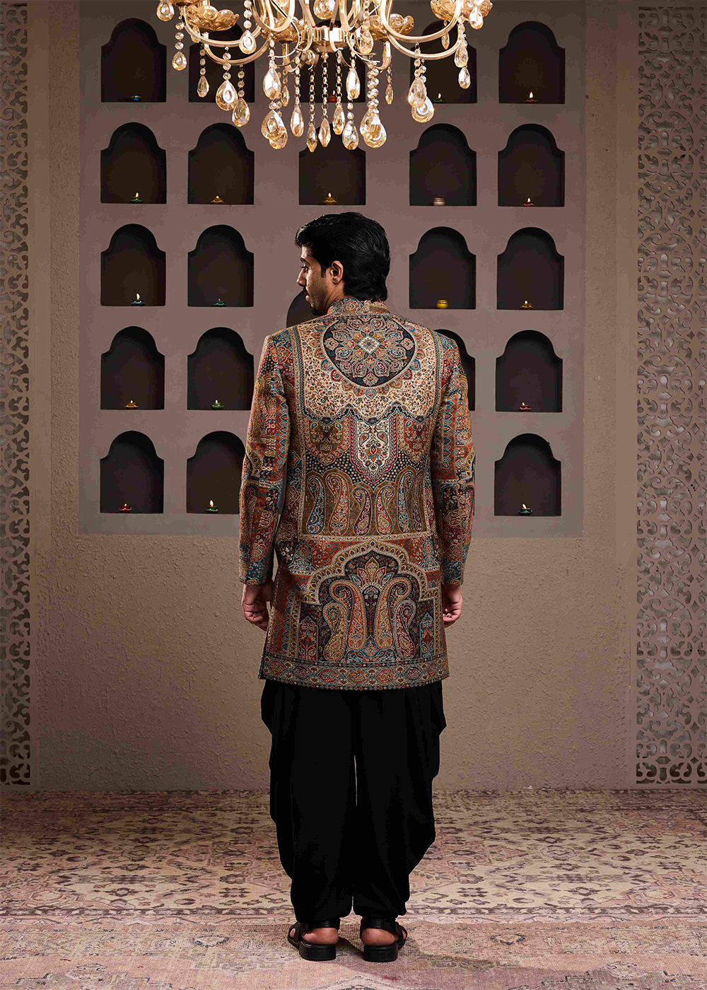 Jamawar Achkan Black Kurta Dhoti Salwar