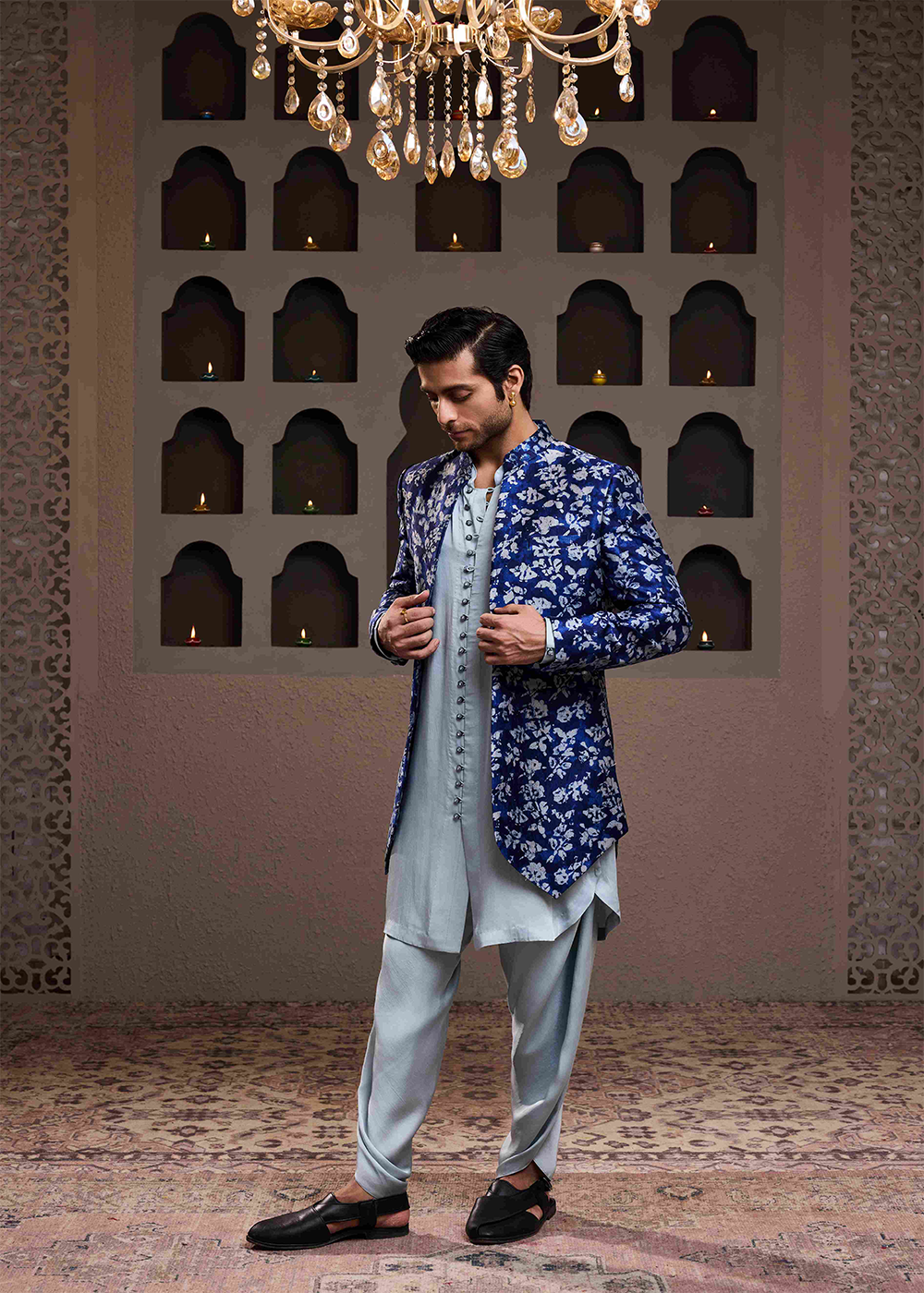 Indigo Printed Long Jacket Kurta Dhoti