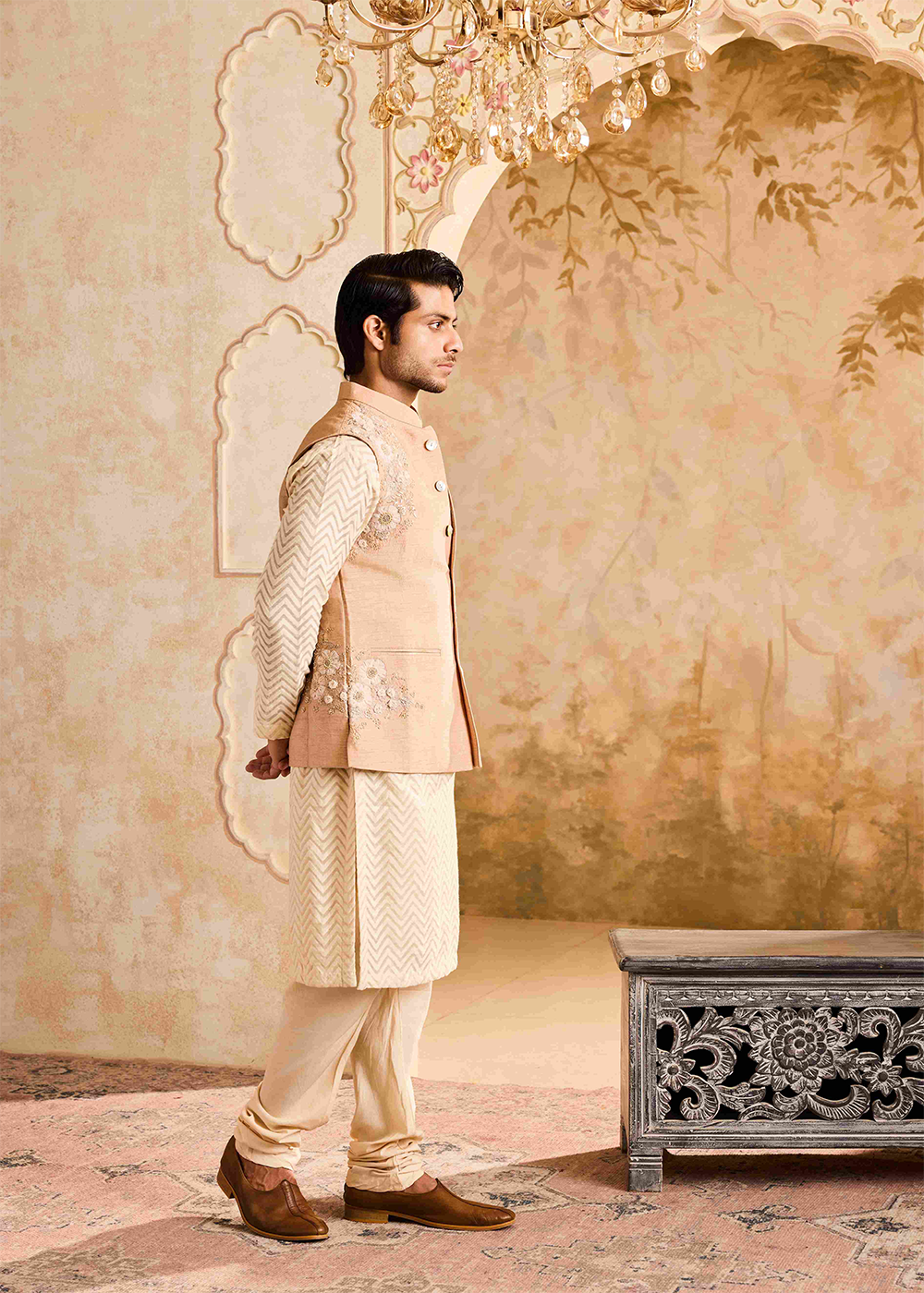 Beige Floral Bundi Jacket Kurta Churidar