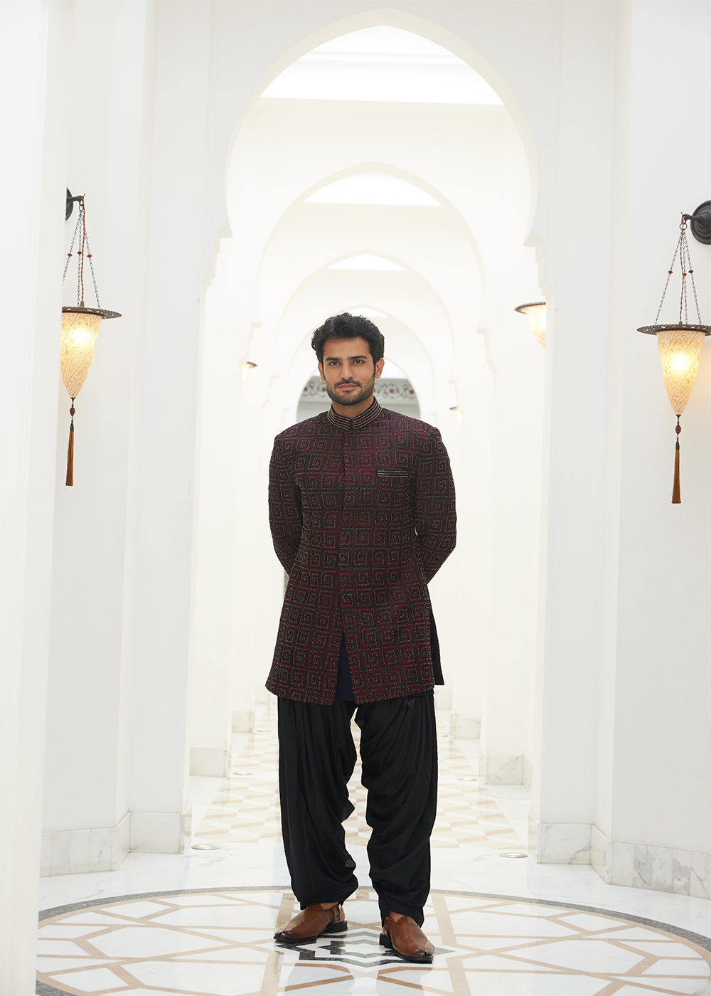 Burgundy Raw Silk EmbroideredShort Sherwani with Kurta and Salwar