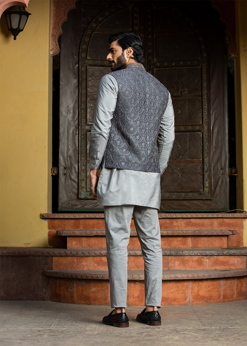 Steel Grey Kurta and Pant with all Over Embroidered Raw Silk Nehru Jacket