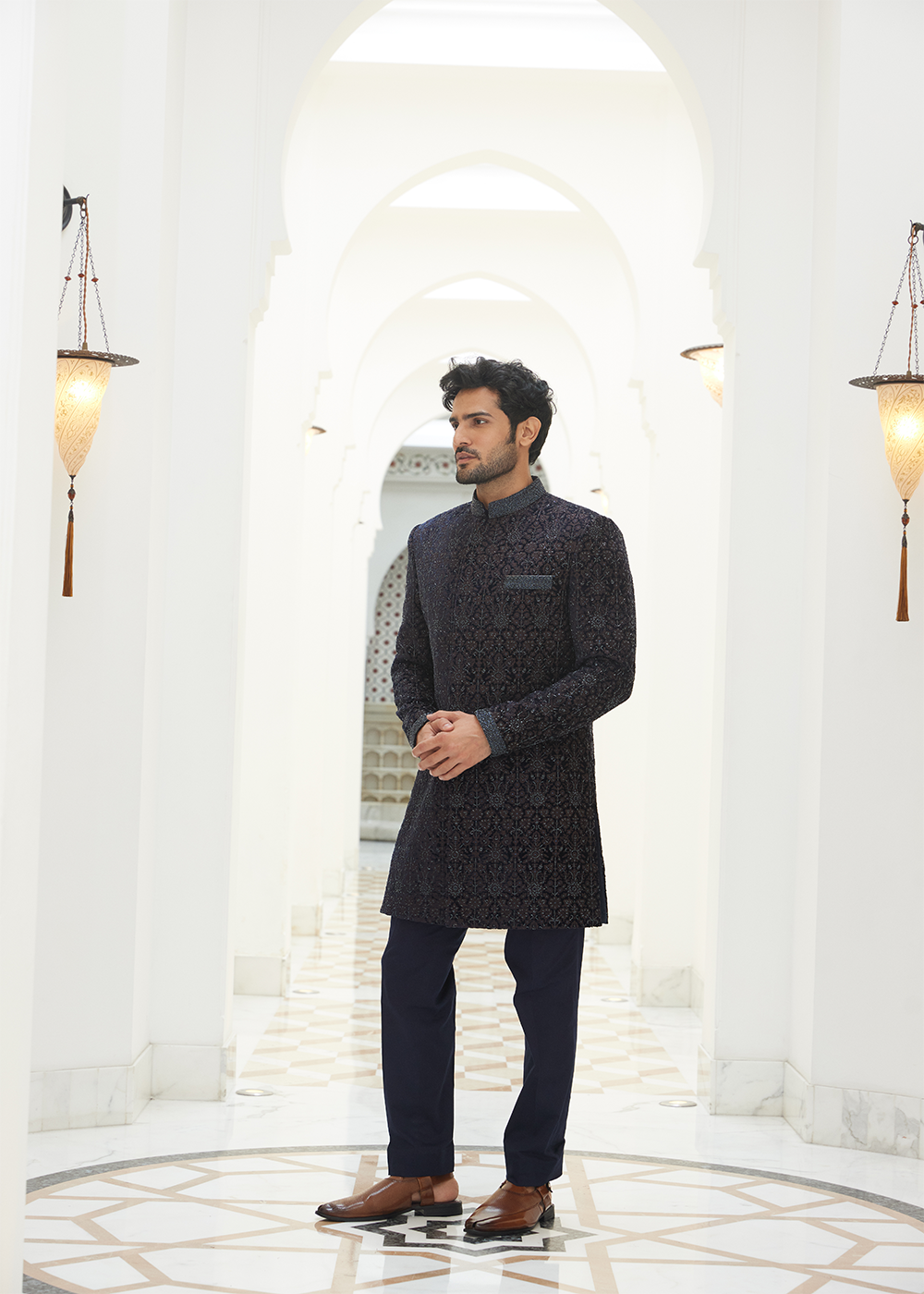 Midnight Blue Embroidered Velvet Short Sherwani with Kurta and Trouser
