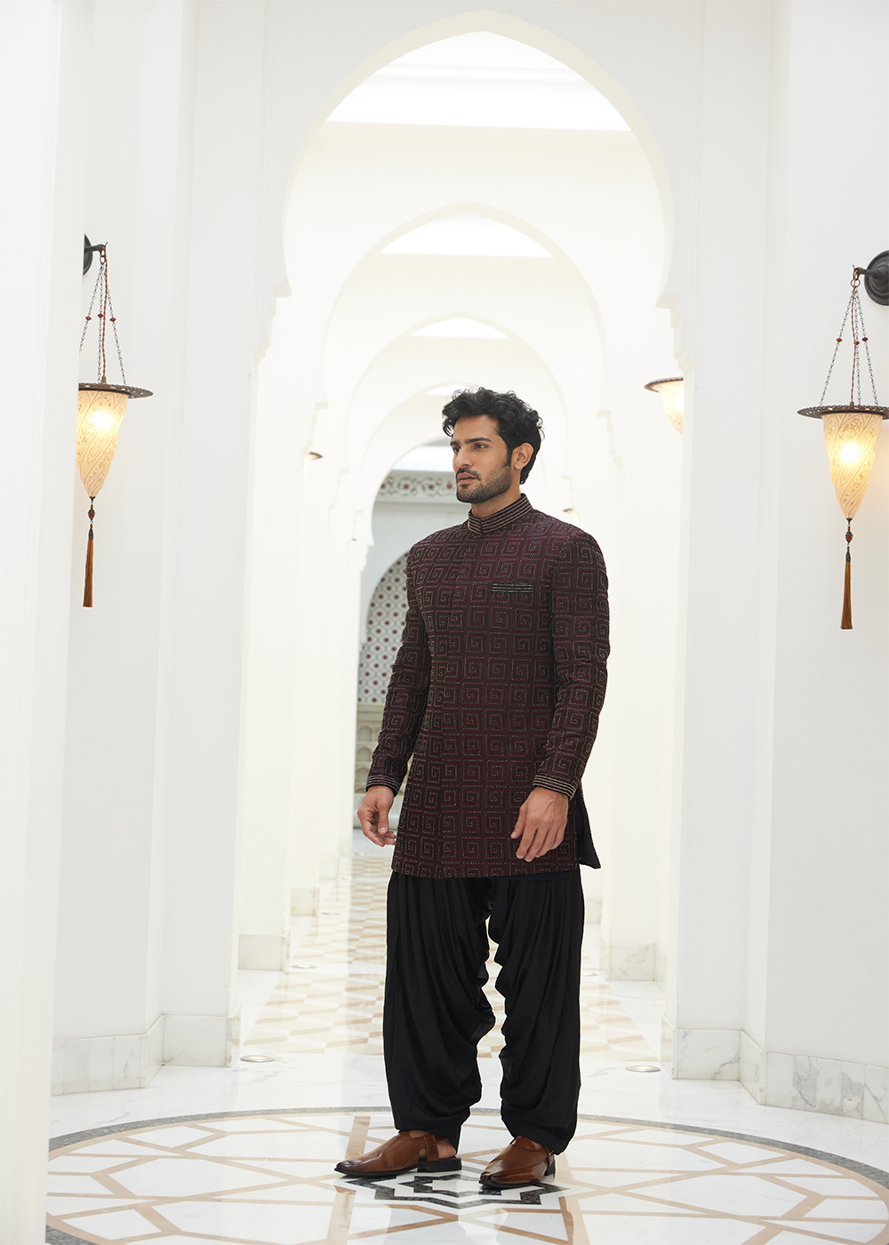 Burgundy Raw Silk EmbroideredShort Sherwani with Kurta and Salwar