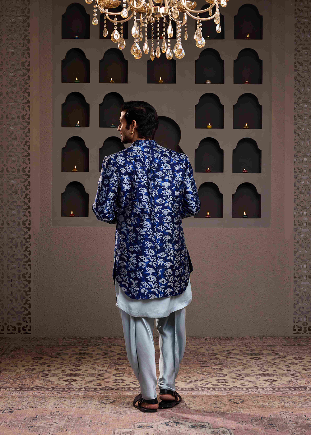 Indigo Printed Long Jacket Kurta Dhoti