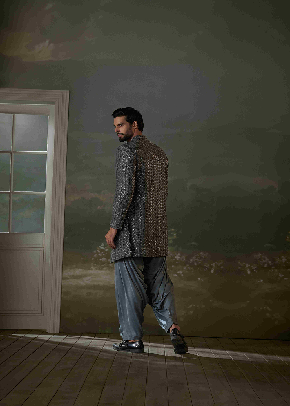 Grey Open Jacket with Kurta and Salwar