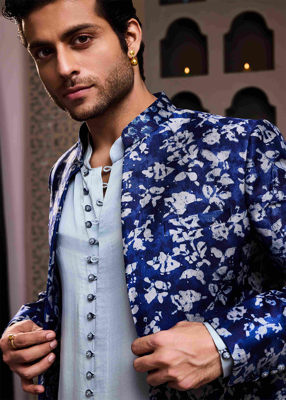 Indigo Printed Long Jacket Kurta Dhoti