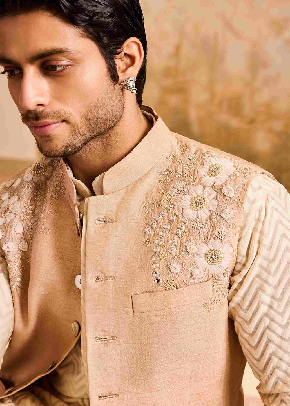 Beige Floral Bundi Jacket Kurta Churidar
