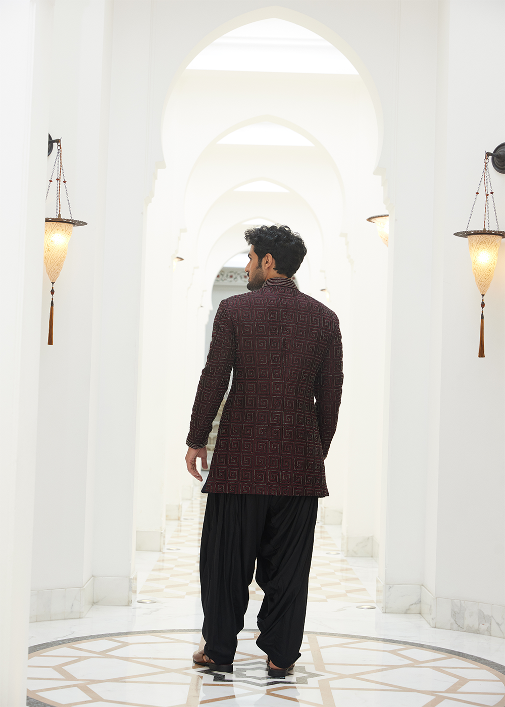 Burgundy Raw Silk EmbroideredShort Sherwani with Kurta and Salwar