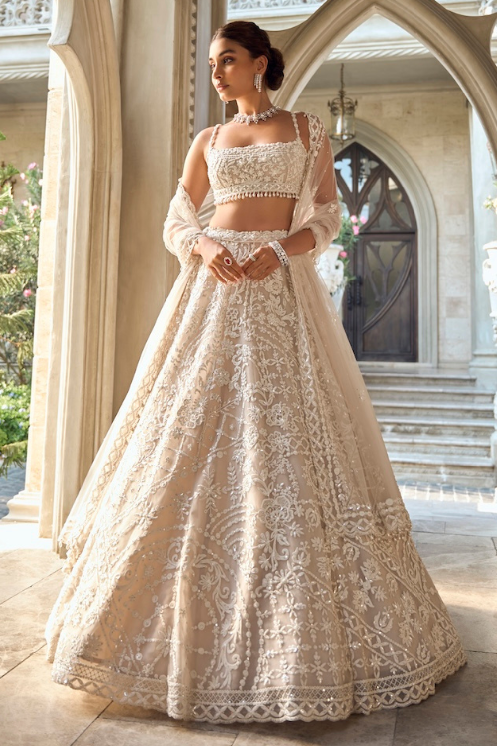 Nude Cream Abstract Dori Lehenga Set XL