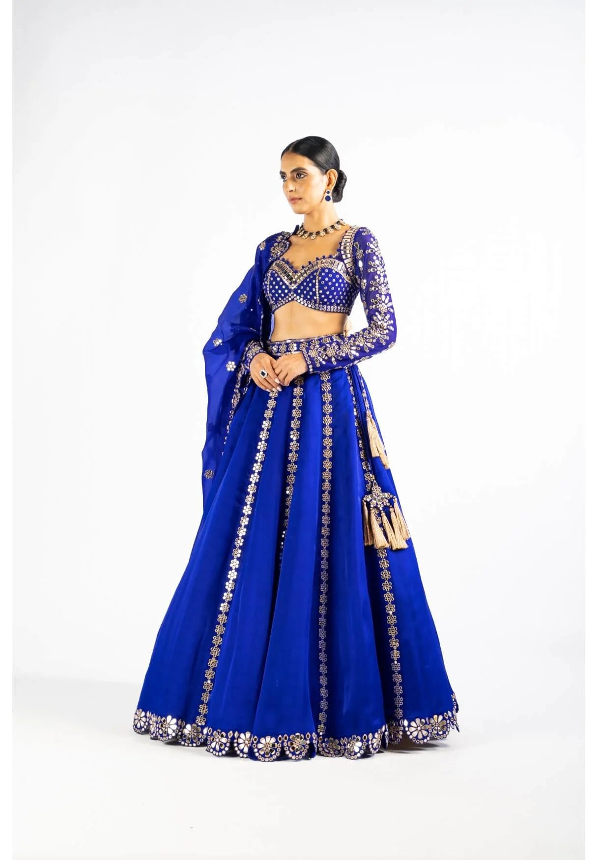 Royal Blue Embellished Blouse And Lehenga Set - Ready To Ship