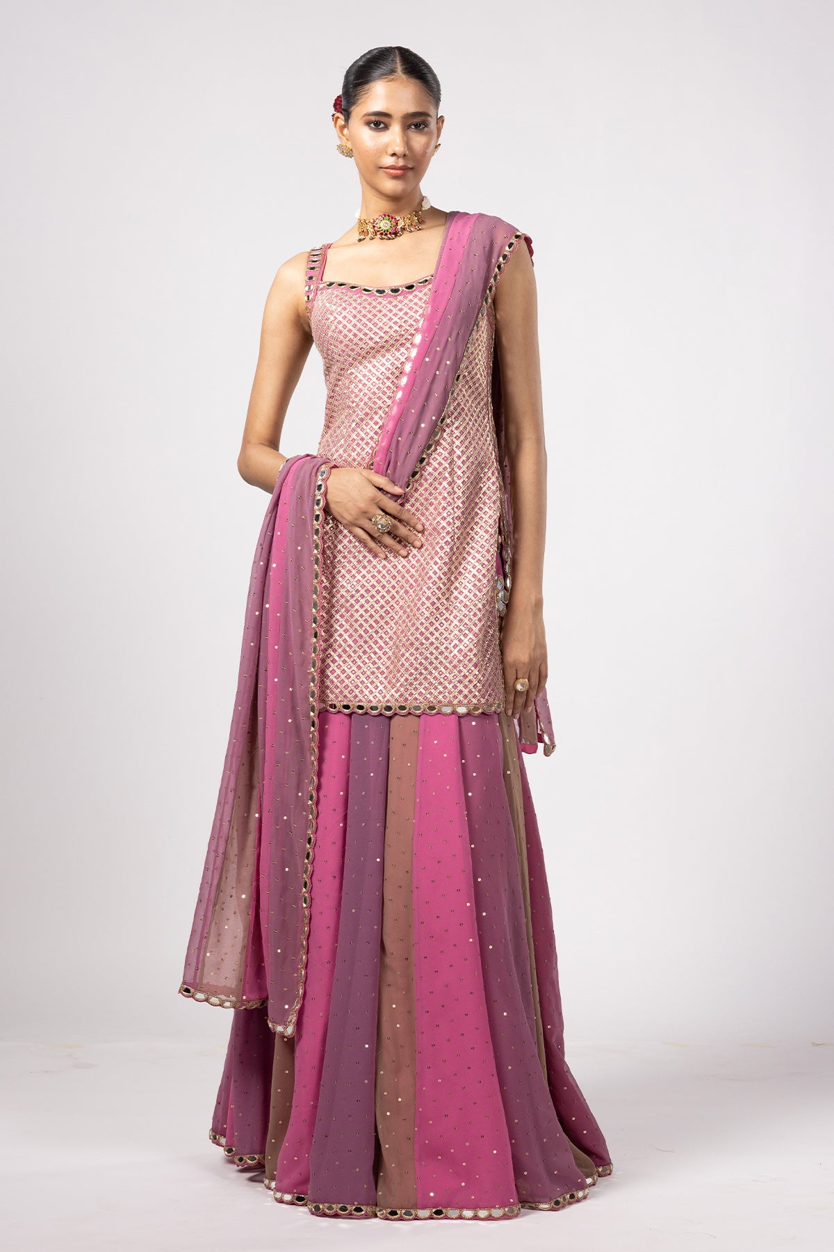 Dark Blush Kurta Lehenga Pants Set