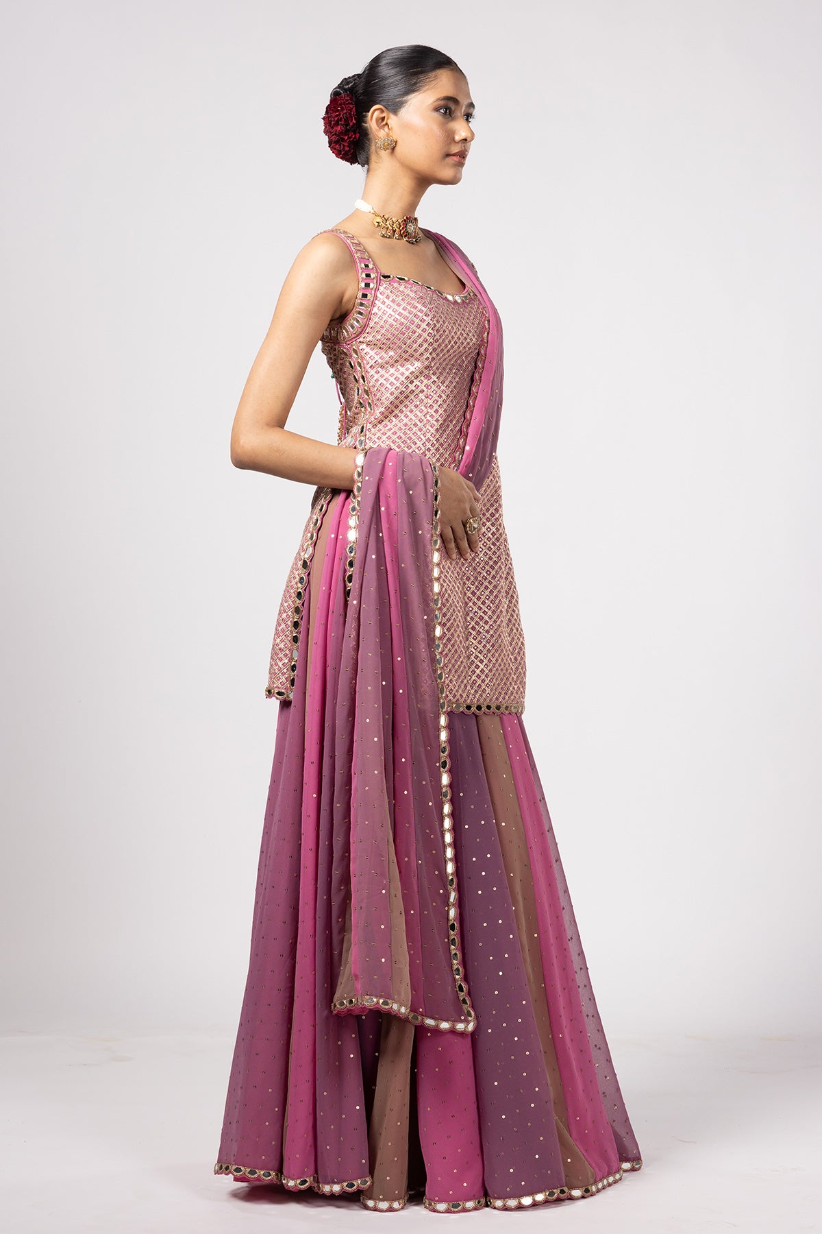 Dark Blush Kurta Lehenga Pants Set