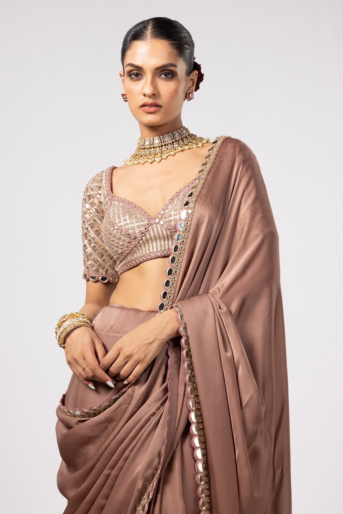 Deep Beige Satin Saree With Sweetheart Neck Blouse