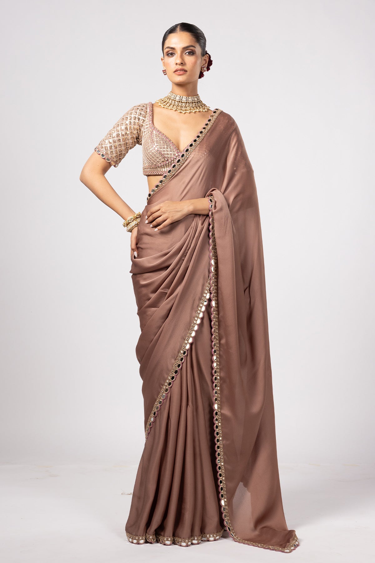 Deep Beige Satin Saree With Sweetheart Neck Blouse