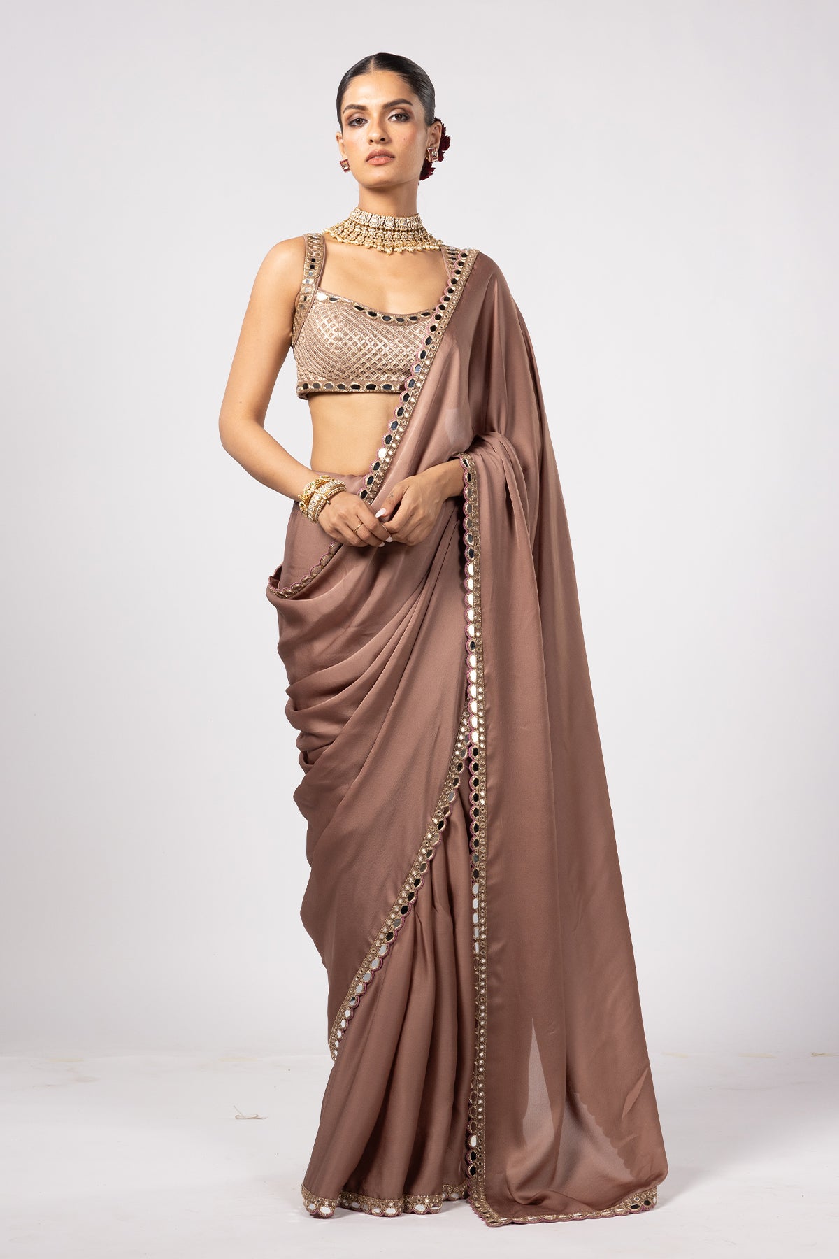 Deep Beige Satin Saree With Square Neck Blouse