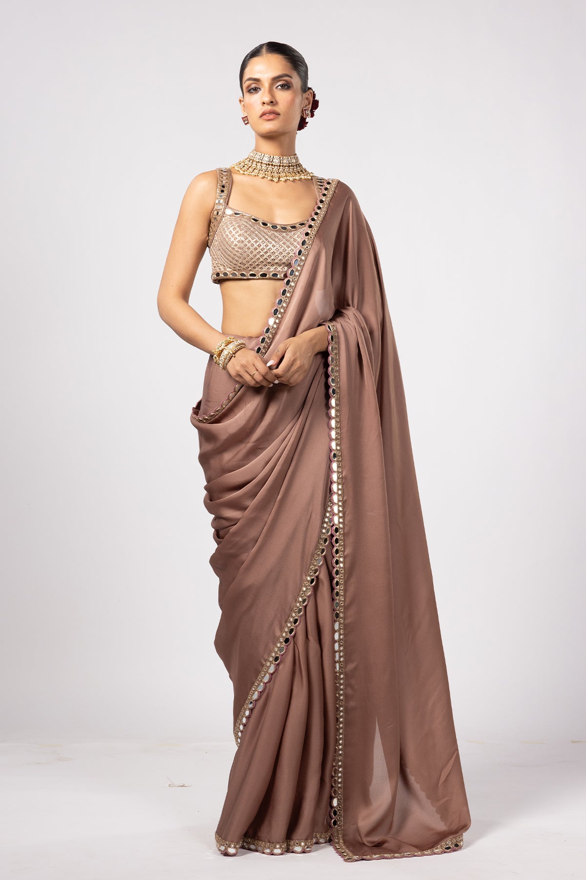 Deep Beige Satin Saree With Square Neck Blouse