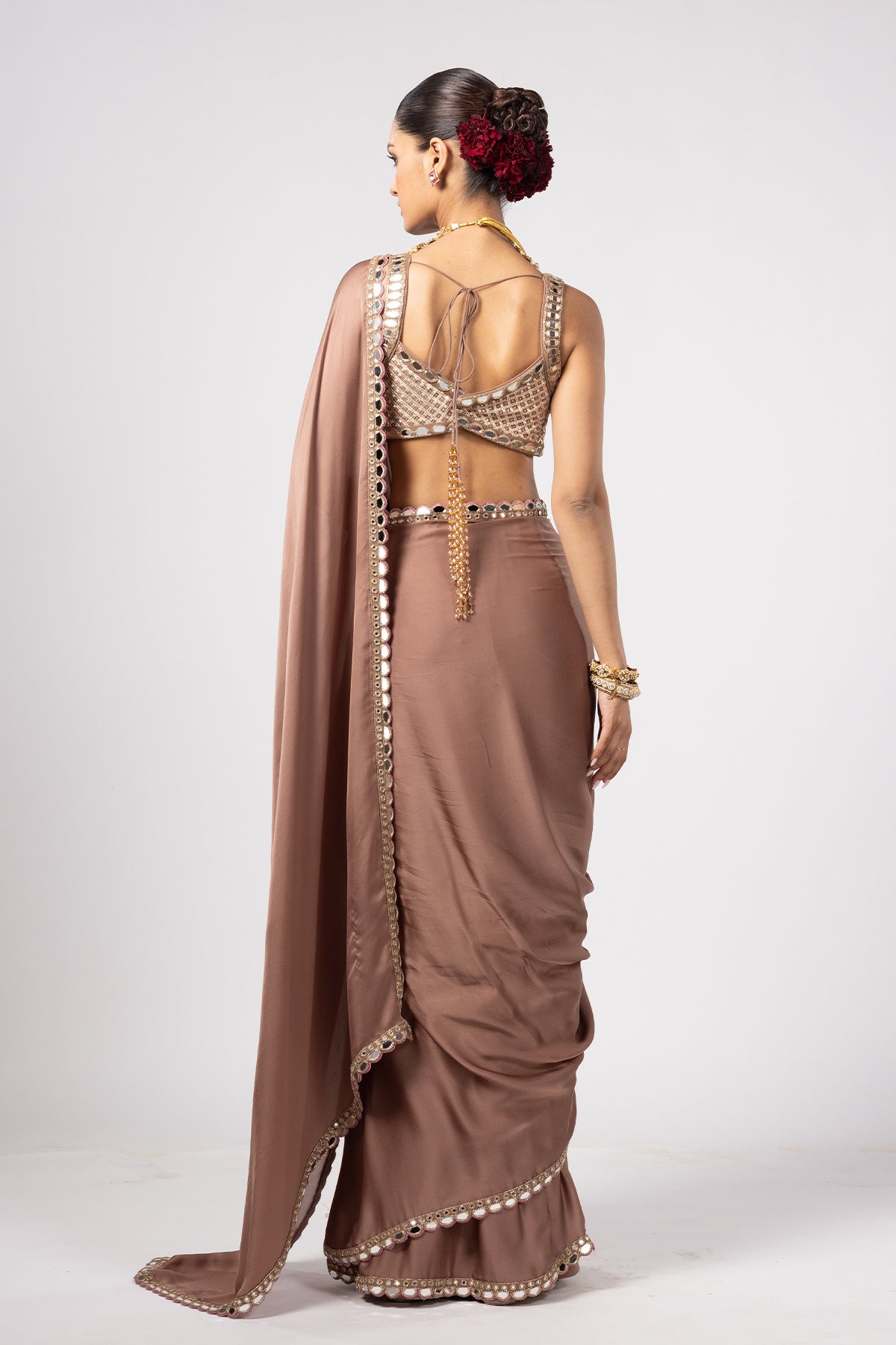 Deep Beige Satin Saree With Square Neck Blouse