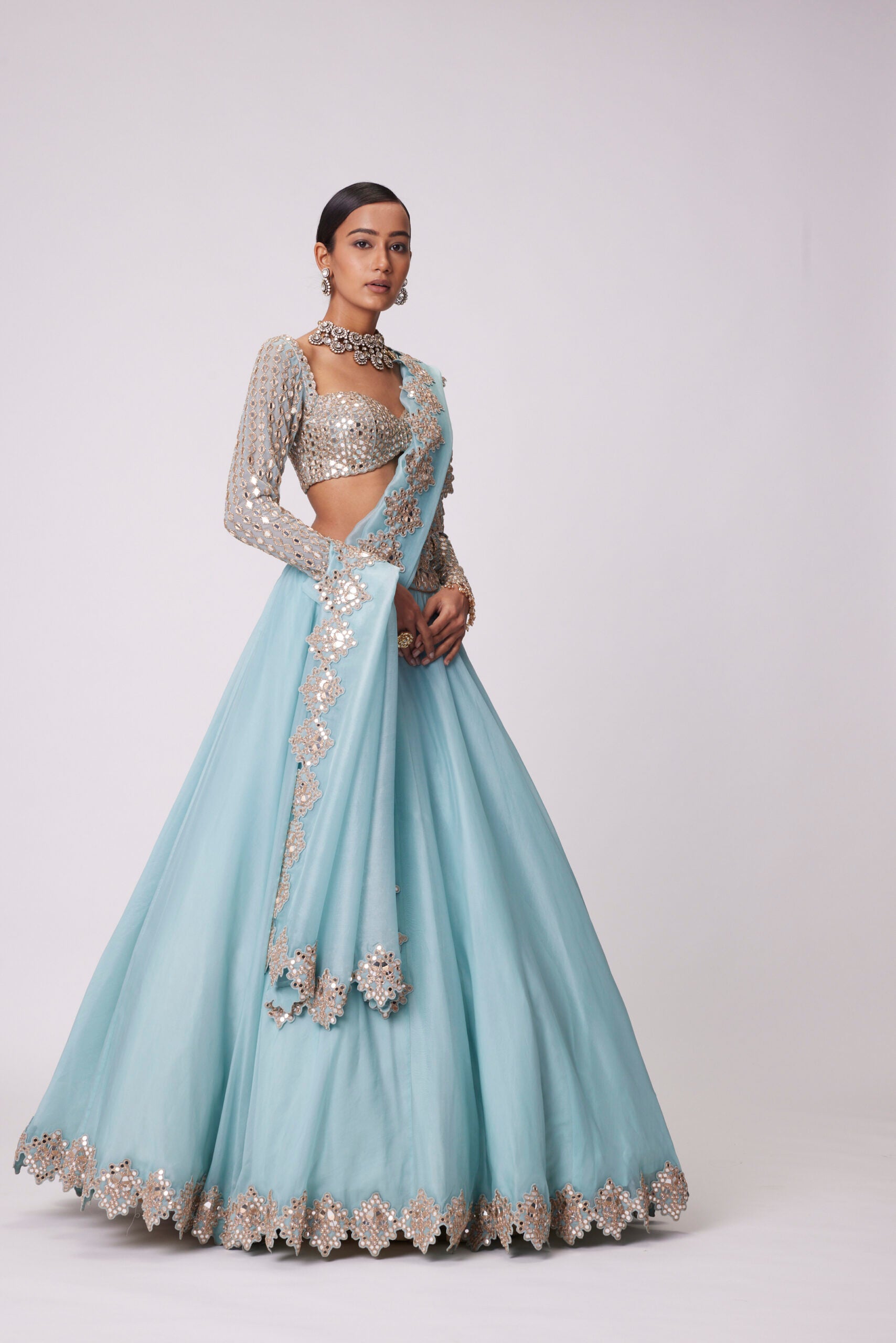 Powder Blue Organza Mirror Embroidered Lehenga Set