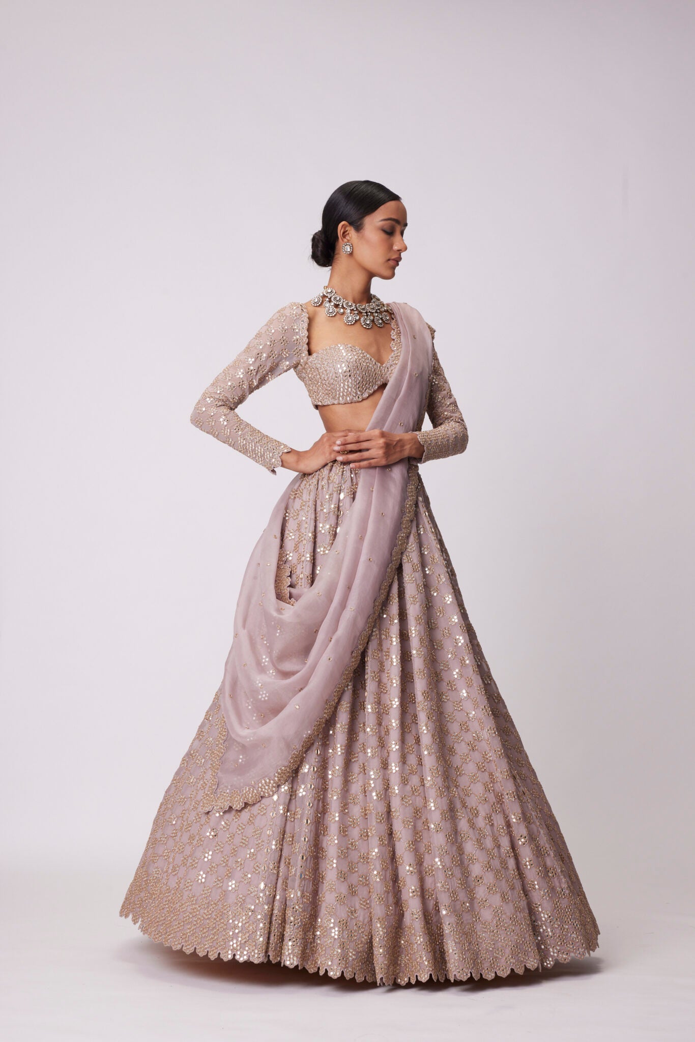 Ash Pink Flower Embroidered Lehenga Set