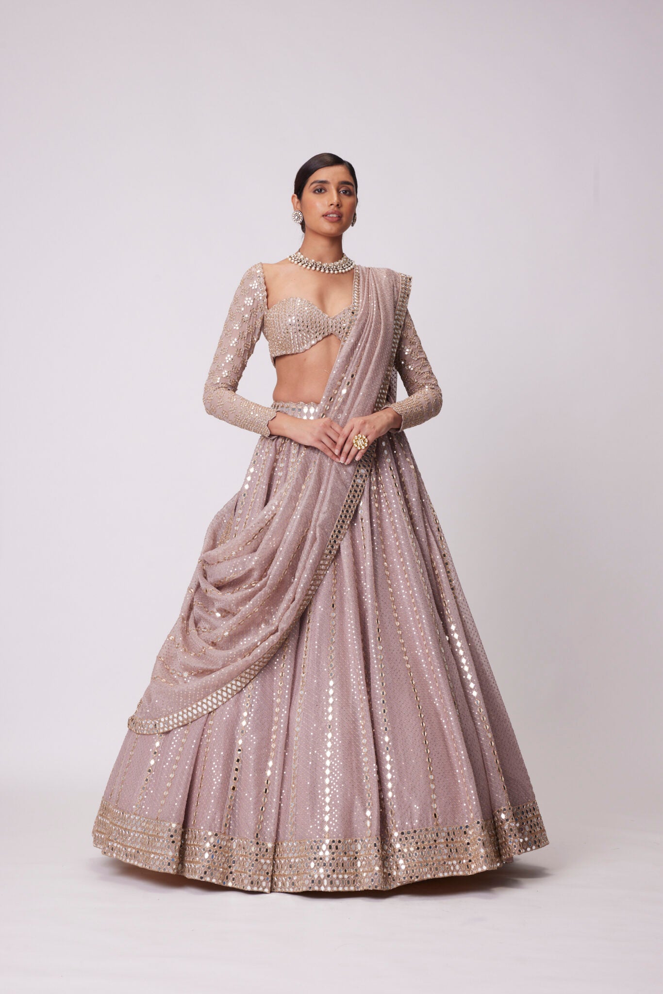 Ash Pink Sequin And Mirror Embroidered Lehenga Set - Ready to Ship