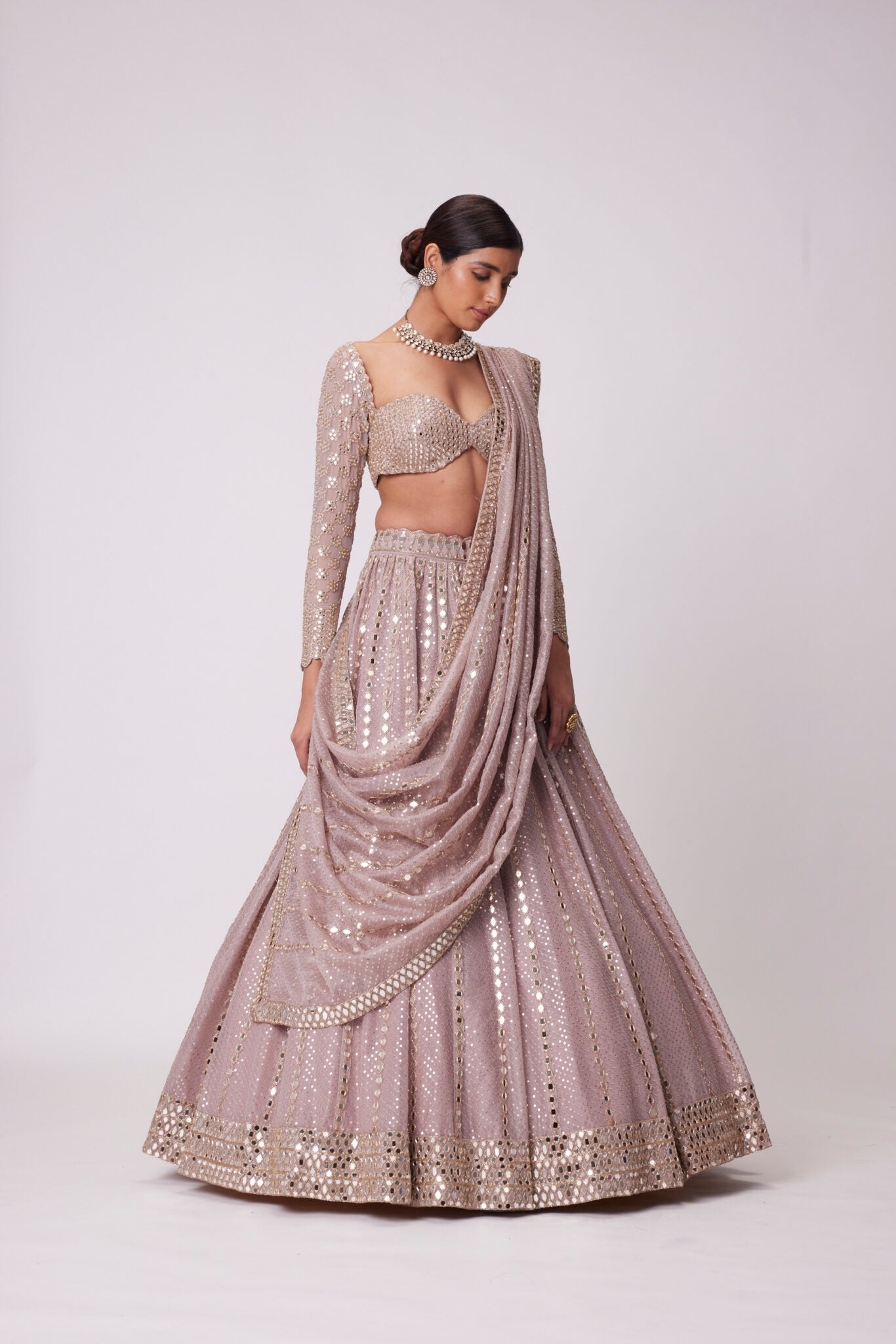 Ash Pink Sequin And Mirror Embroidered Lehenga Set - Ready to Ship