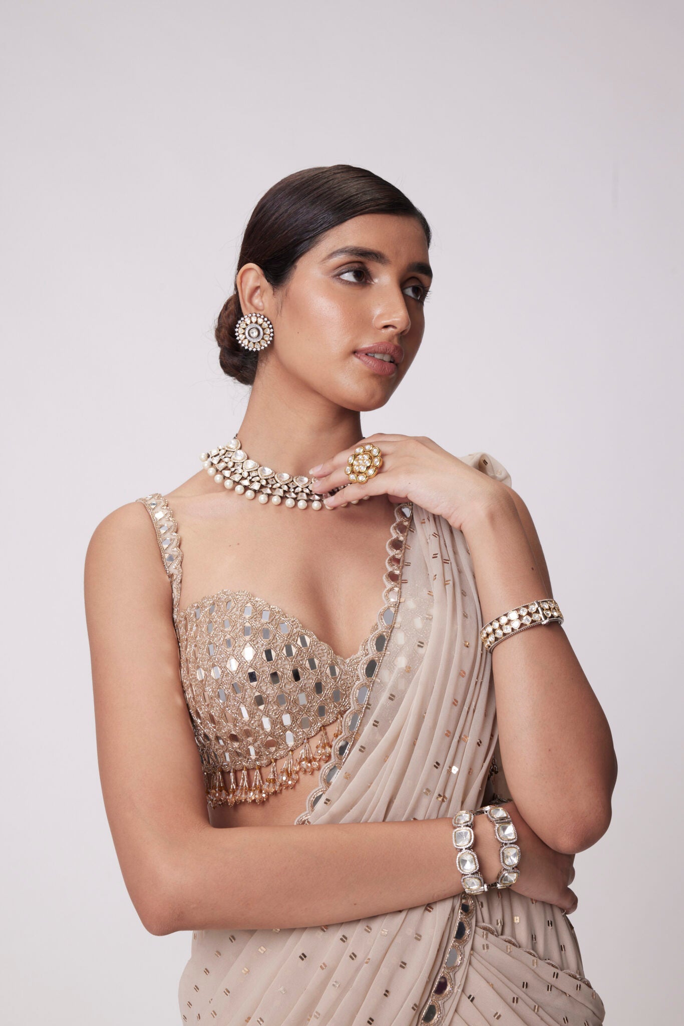 Light Beige Georgette Draped Saree Set