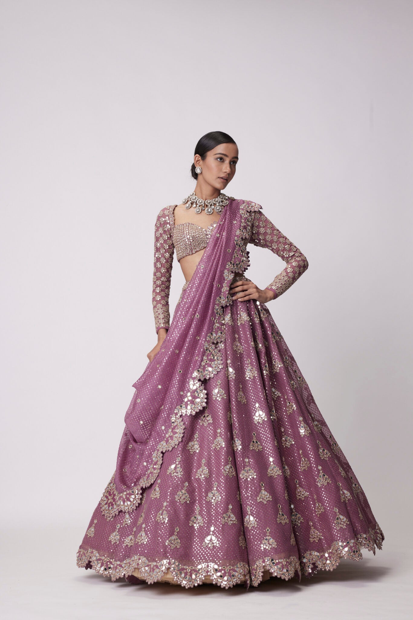 Mud Mauve Sequin And Flower Embroidered Lehenga Set