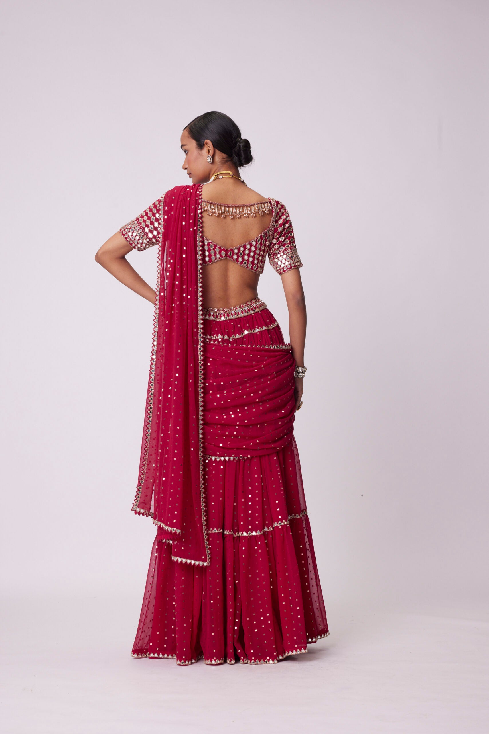 Crimson Red Multi-tier Saree Set