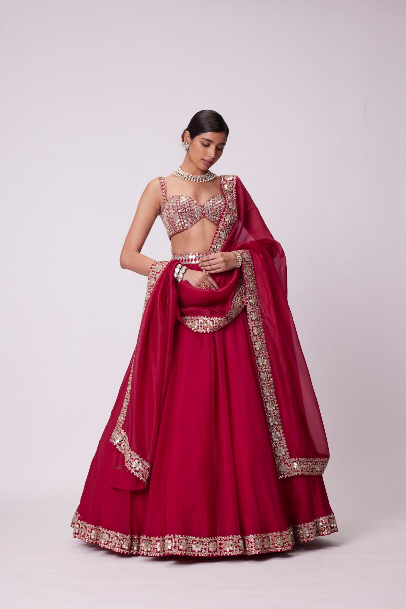 Crimson Red Mirror Embroidered Lehenga Set