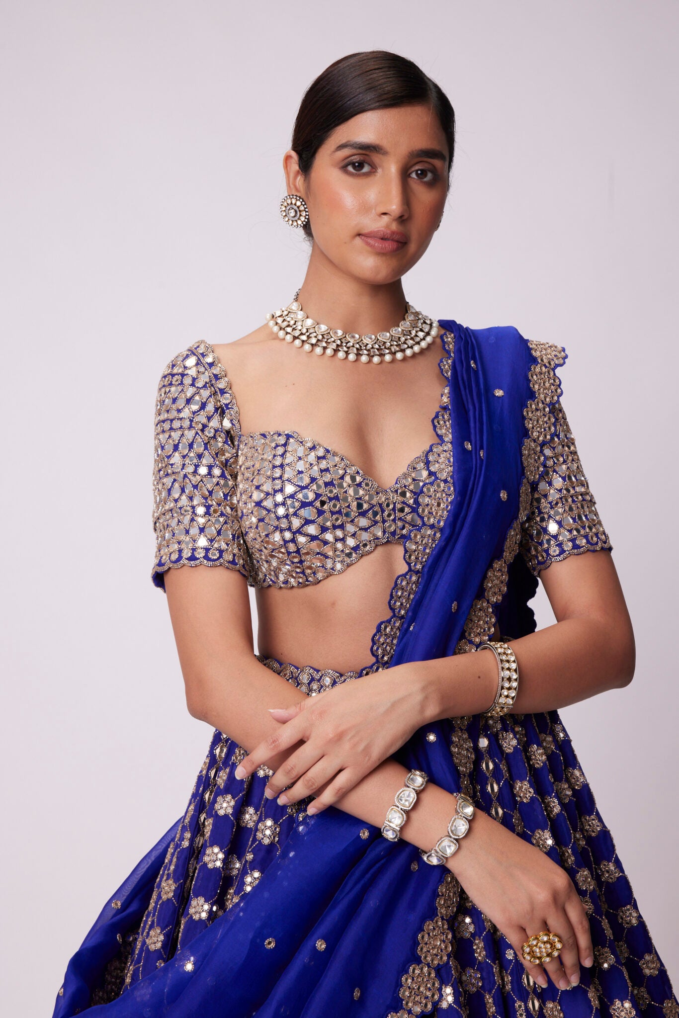 Persian Blue Mirror Flower Embroidered Lehenga Set