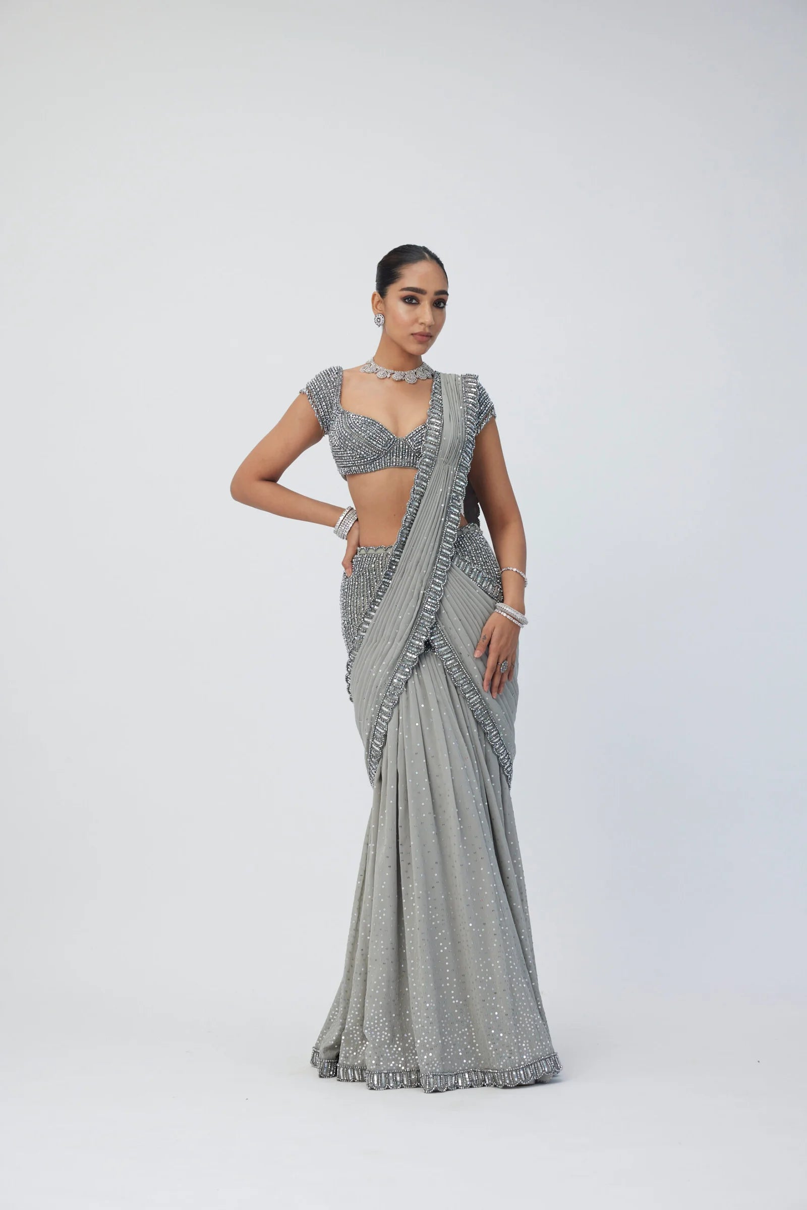 Crystal Grey Pre Draped Saree Set
