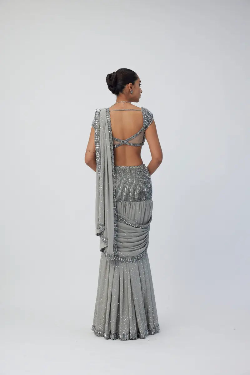 Crystal Grey Pre Draped Saree Set