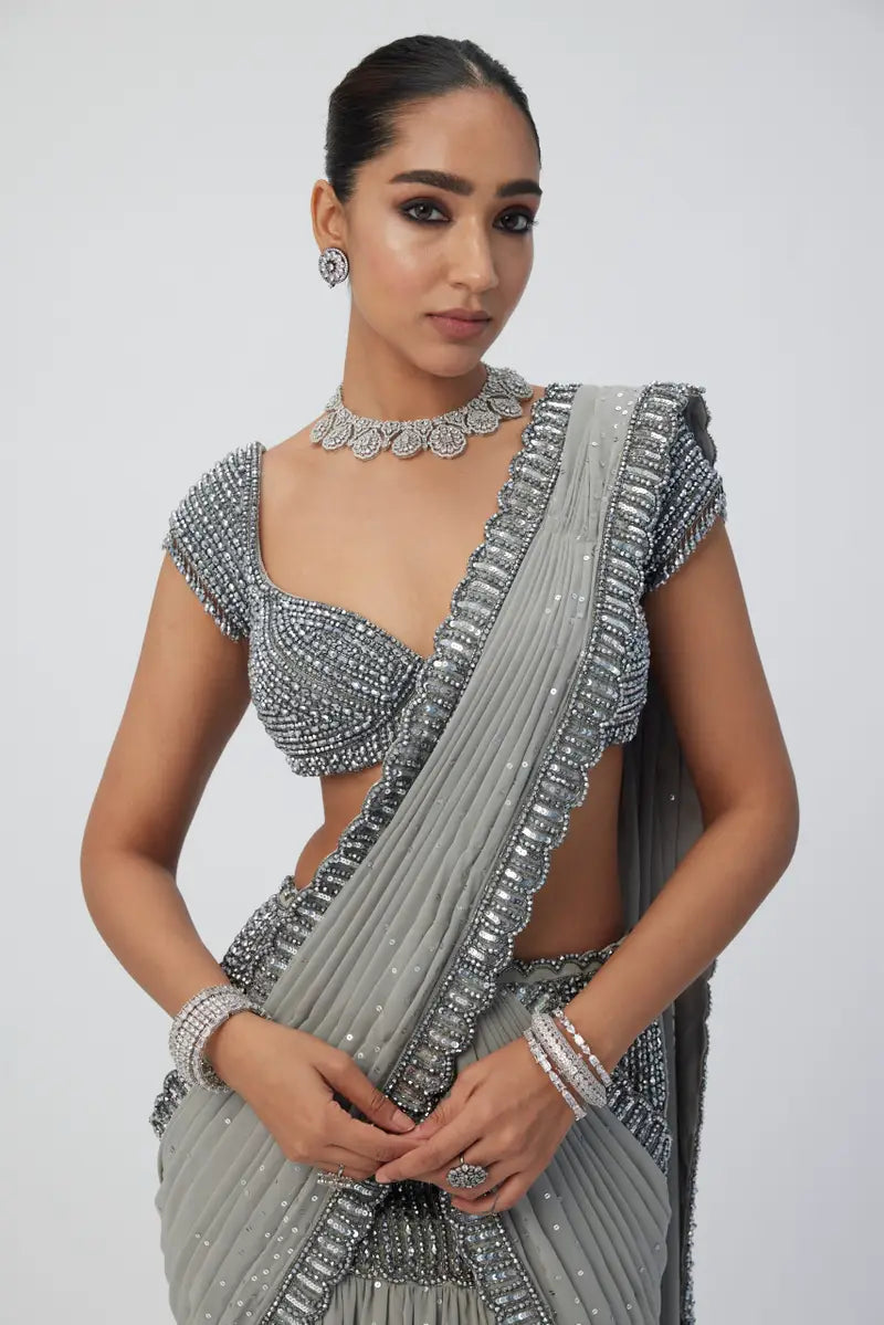 Crystal Grey Pre Draped Saree Set