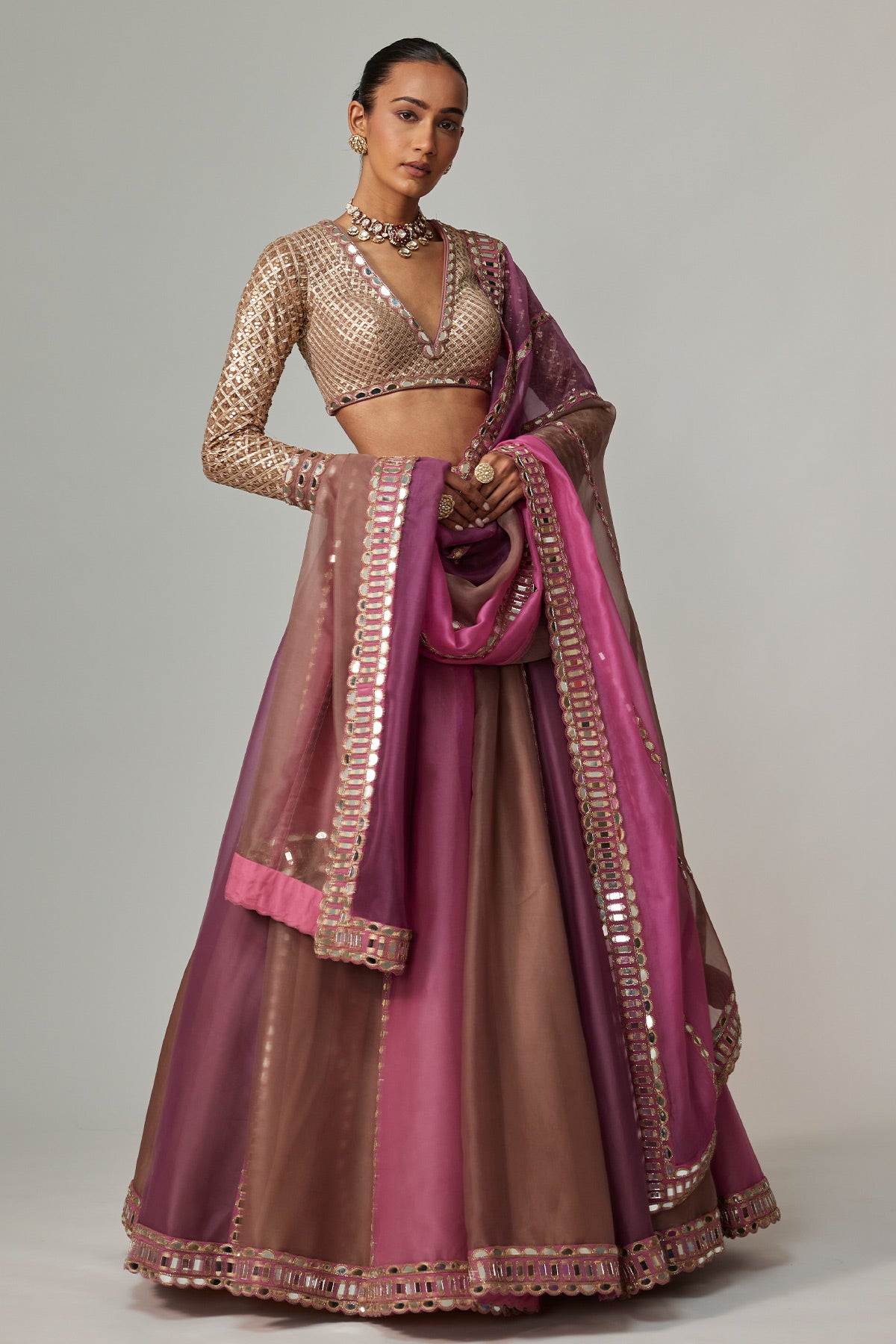 Mud Mauve Multicolor Lehenga With V Neck Blouse