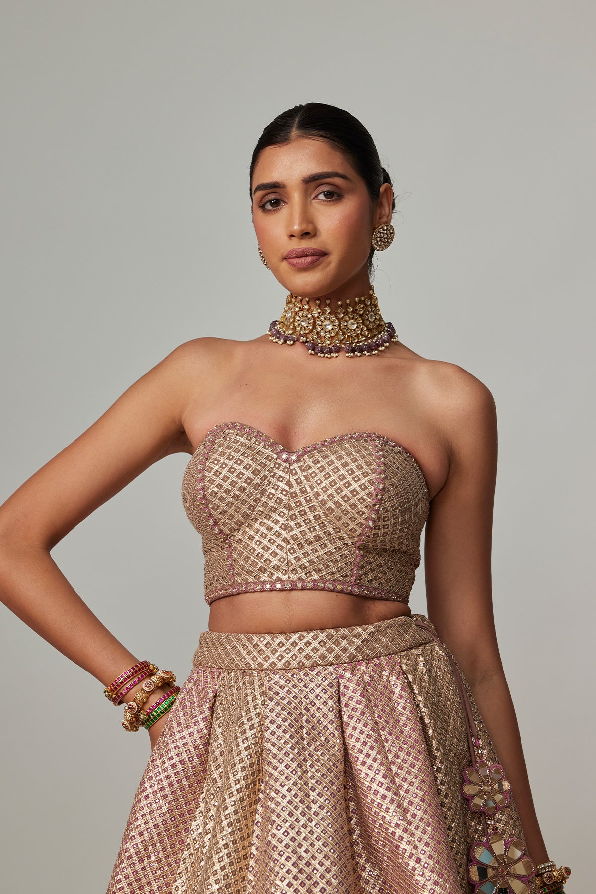 Deep Beige Multicolor Corset With Skirt