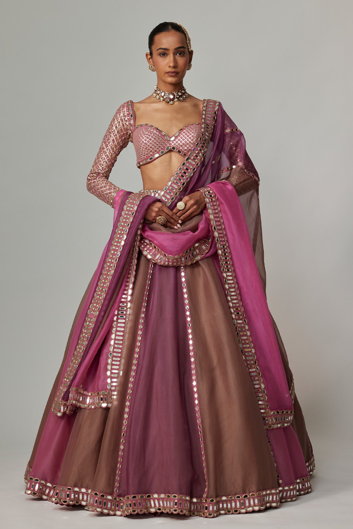 Mud Mauve Multicolor Lehenga With Sweetheart Full Sleeve Blouse