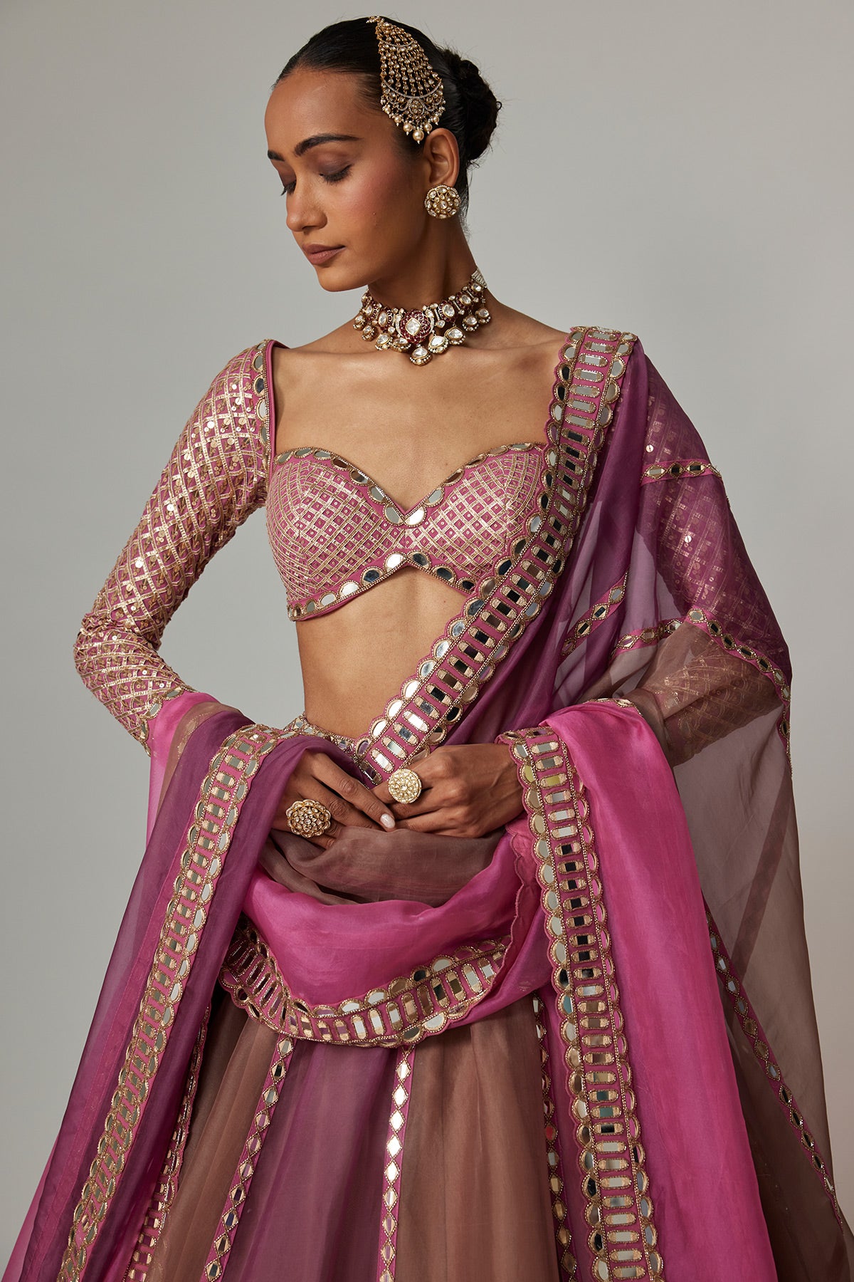 Mud Mauve Multicolor Lehenga With Sweetheart Full Sleeve Blouse