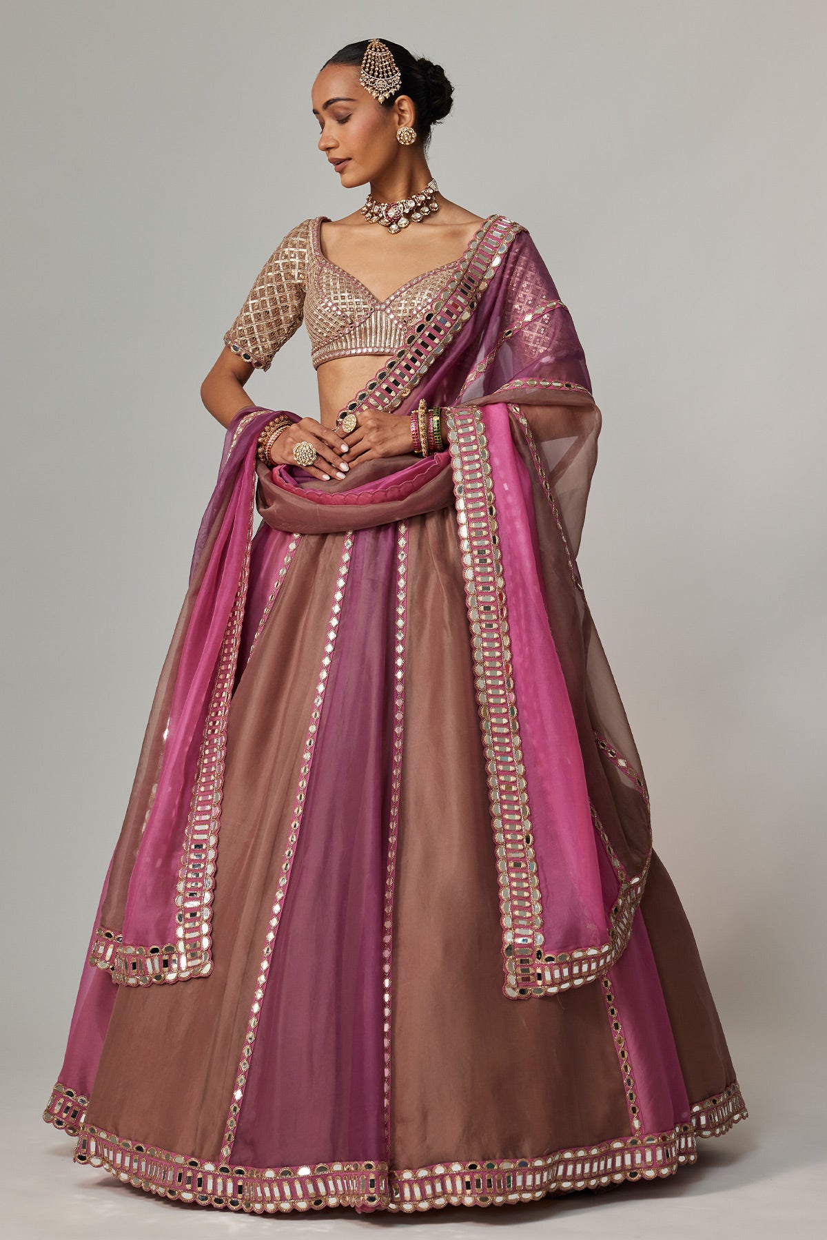 Mud Mauve Multicolor Lehenga With Elbow Sleeve Blouse