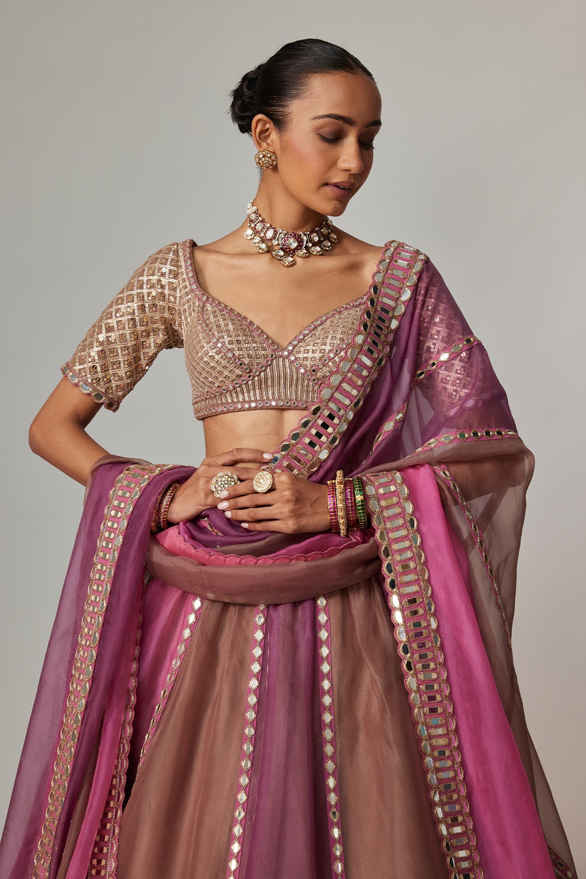 Mud Mauve Multicolor Lehenga With Elbow Sleeve Blouse