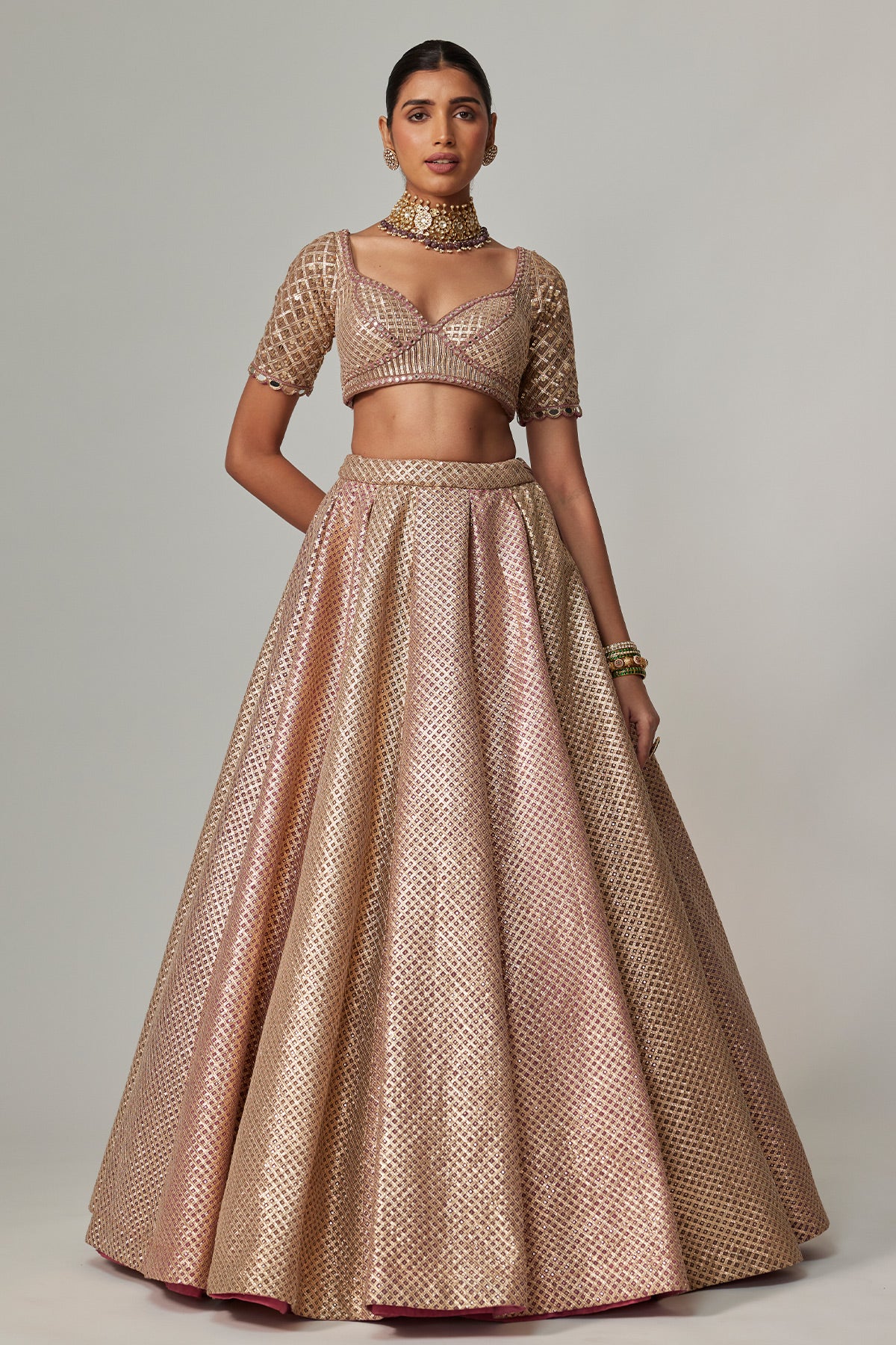Deep Beige Multicolor Mettalic Lehenga Set
