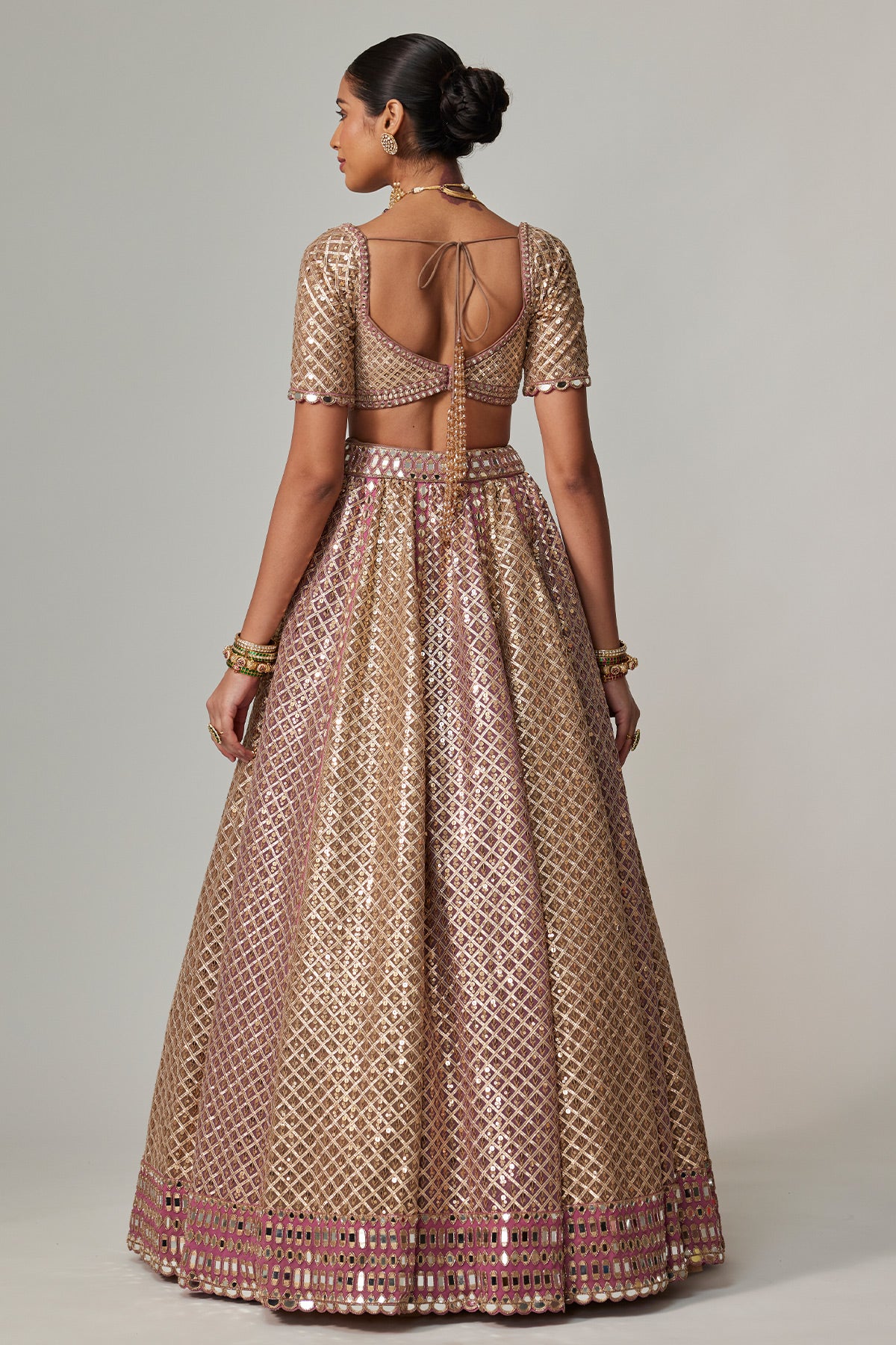 Deep Beige Multicolor Metallic Lehenga With Elbow Blouse