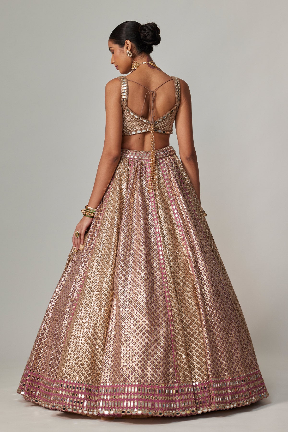 Deep Beige Multicolor Metallic Lehenga With Square Neck Blouse