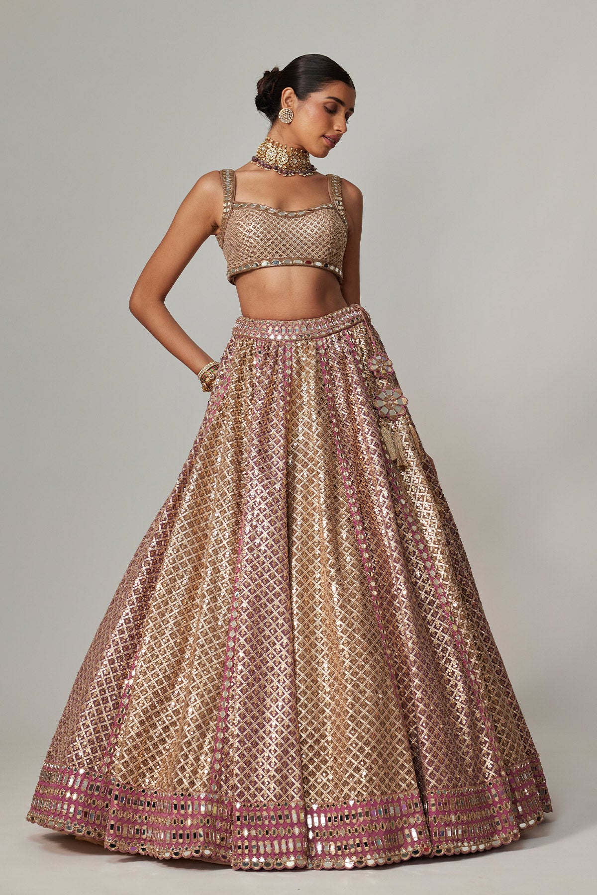 Deep Beige Multicolor Metallic Lehenga With Square Neck Blouse