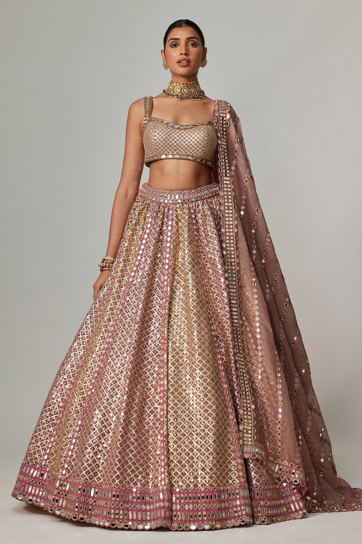 Deep Beige Multicolor Metallic Lehenga With Square Neck Blouse