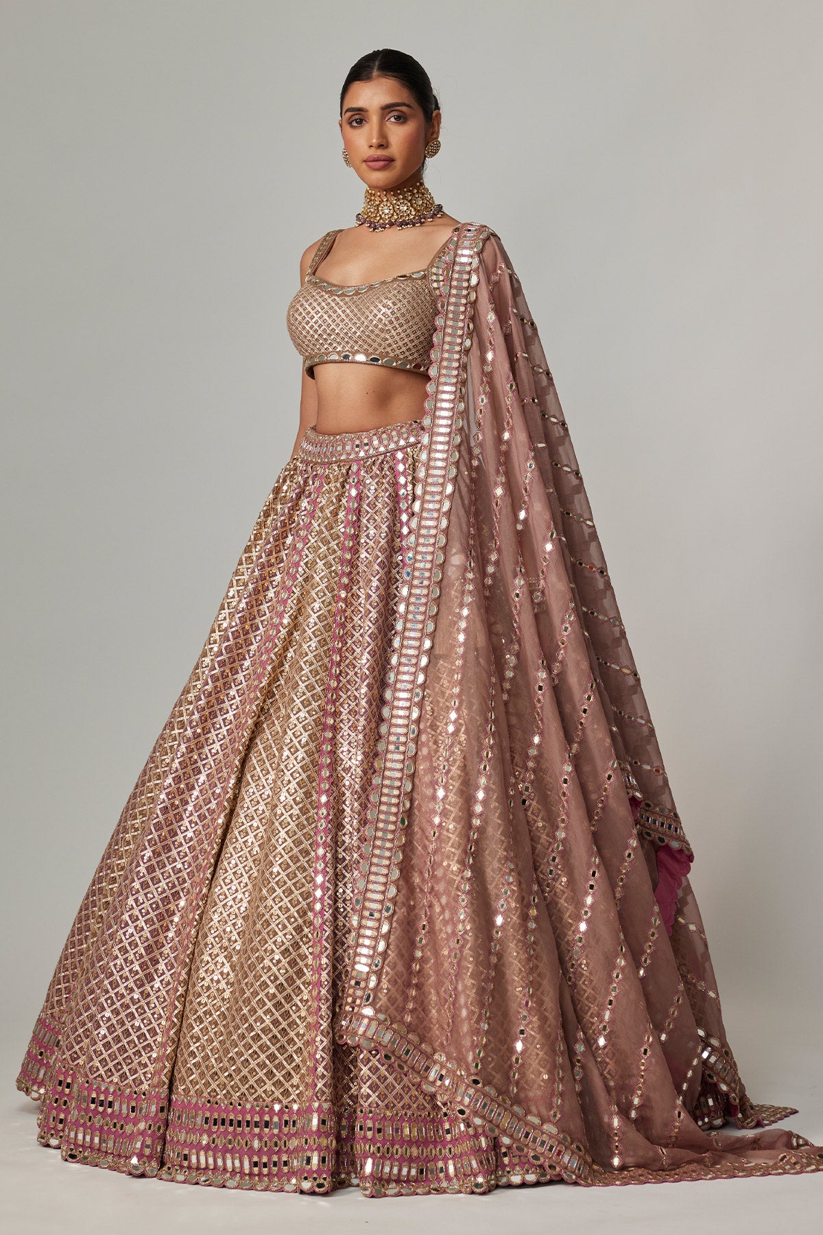 Deep Beige Multicolor Metallic Lehenga With Square Neck Blouse