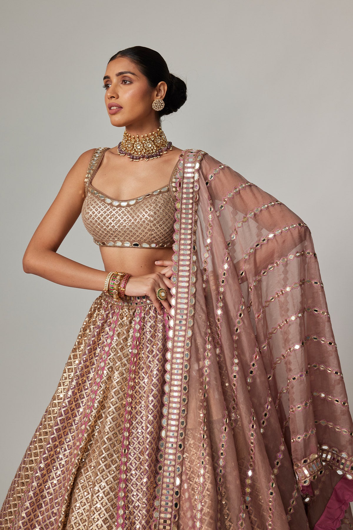 Deep Beige Multicolor Metallic Lehenga With Square Neck Blouse