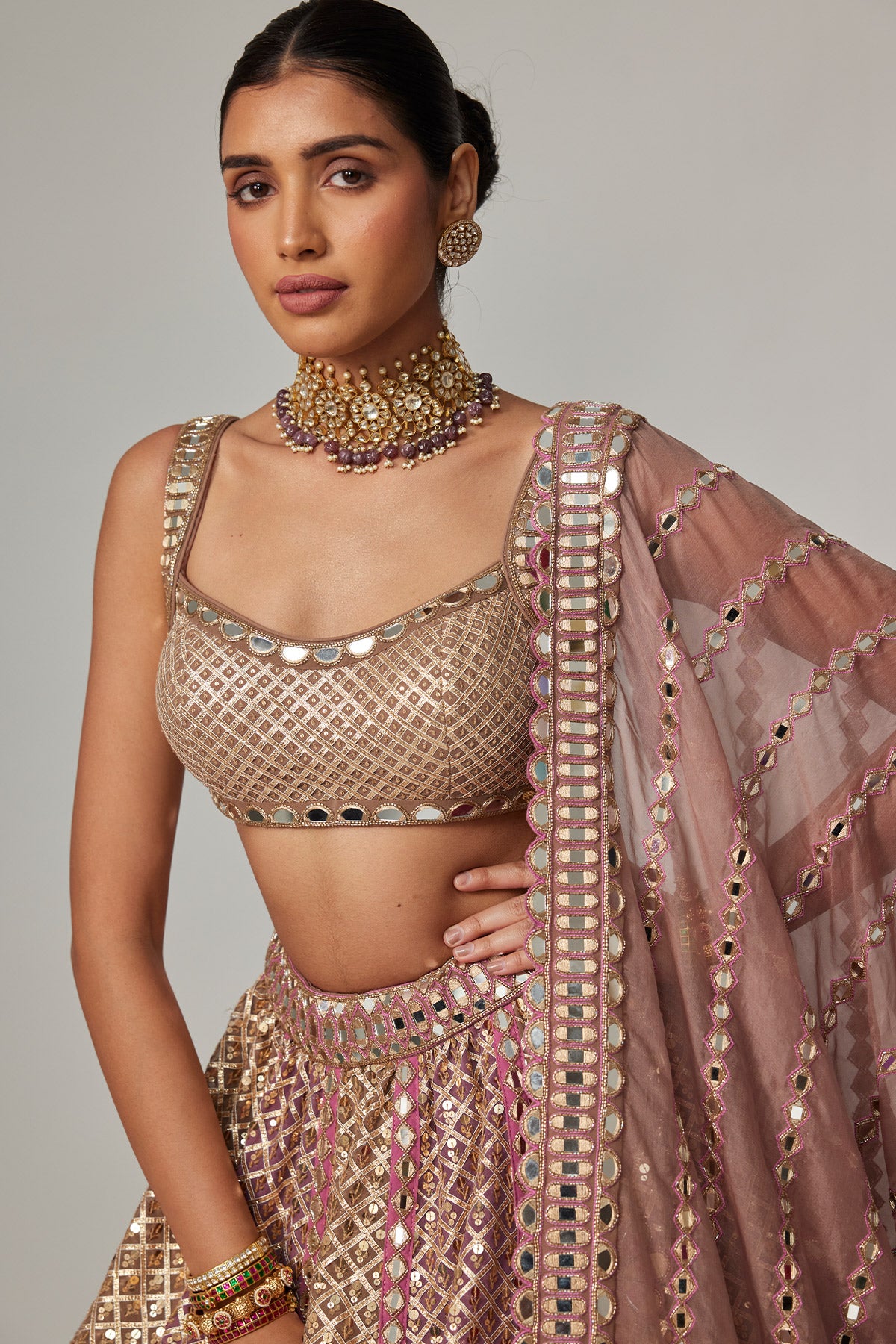 Deep Beige Multicolor Metallic Lehenga With Square Neck Blouse