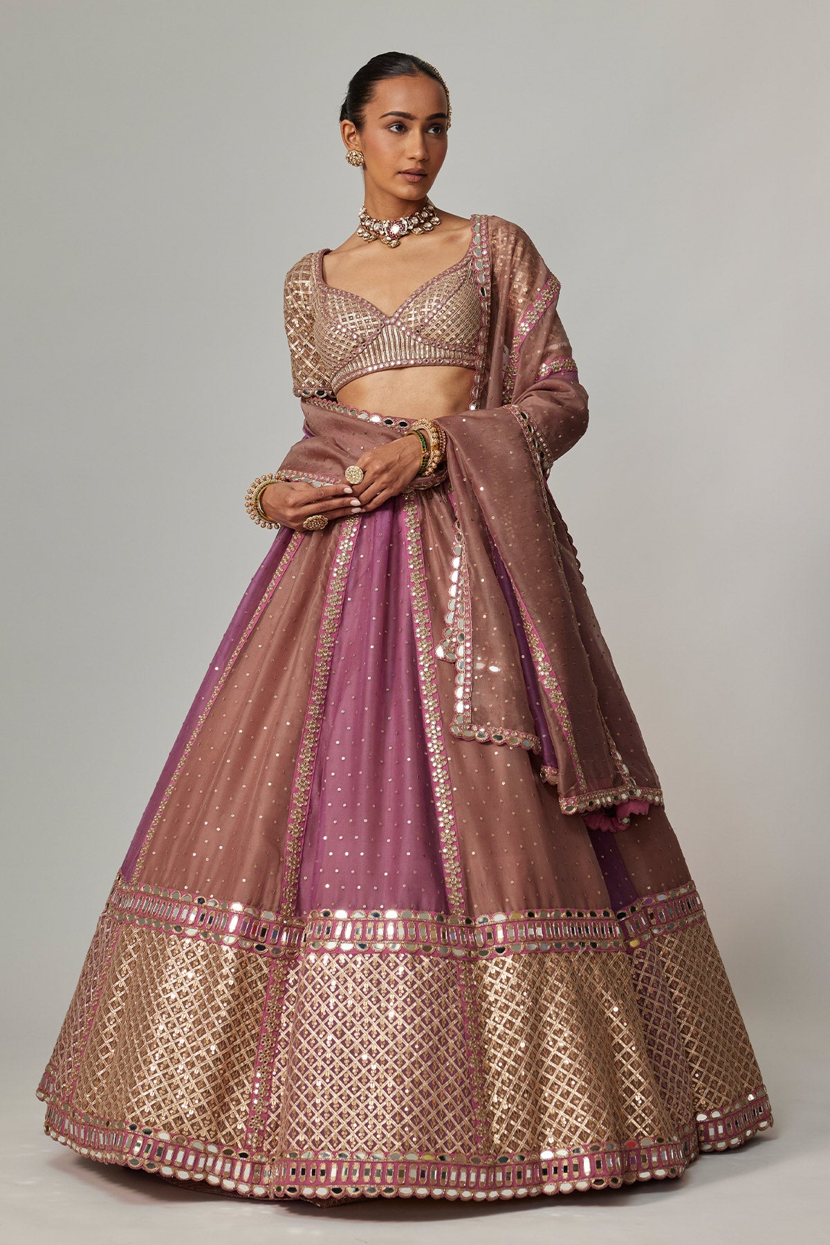 Mud Mauve Multicolor Sequin Scatter Lehenga With Elbow Sleeve Blouse