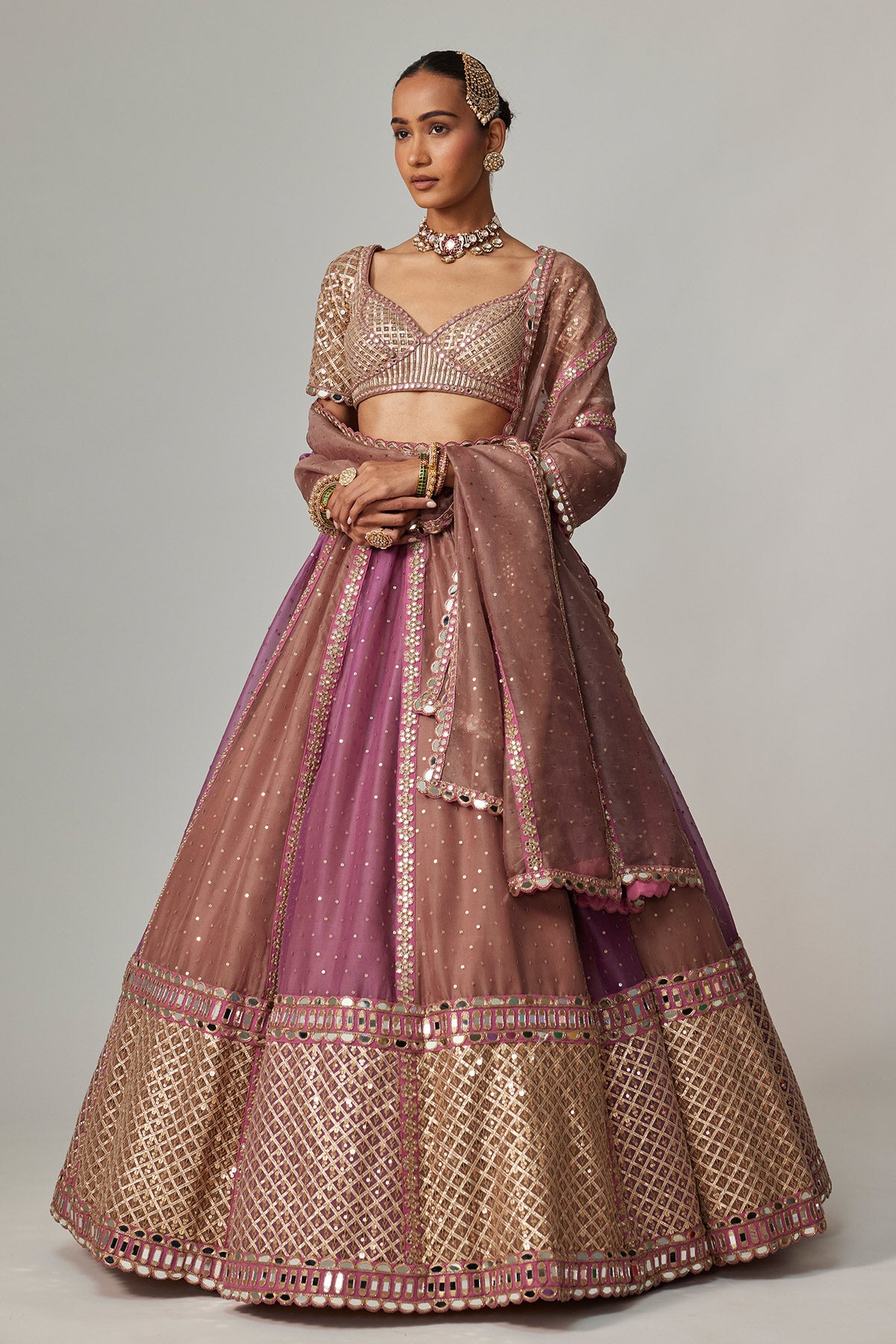 Mud Mauve Multicolor Sequin Scatter Lehenga With Elbow Sleeve Blouse