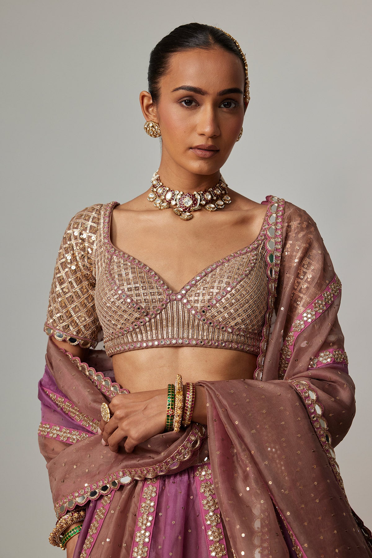 Mud Mauve Multicolor Sequin Scatter Lehenga With Elbow Sleeve Blouse